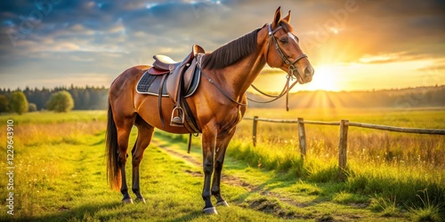 A stunning brown horse with a shiny saddle and bridle waits patiently in the farm's open field, basking in the warm sunlight and fresh air, brown horse, outdoor