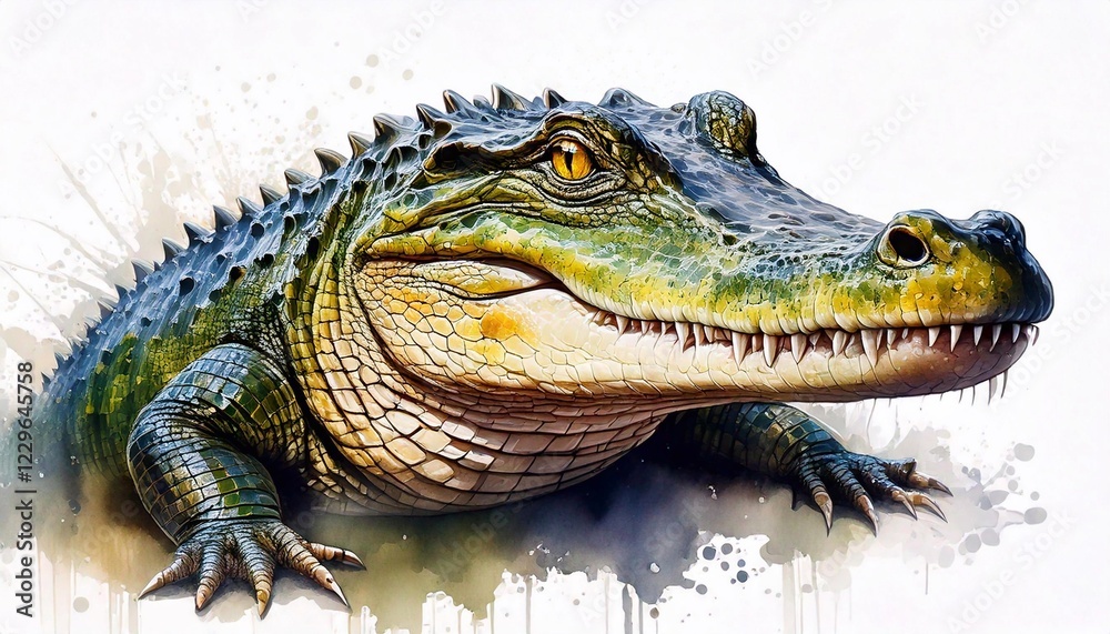 Obraz premium Watercolor crocodile with detailed scales and vibrant coloring on a plain white backdrop