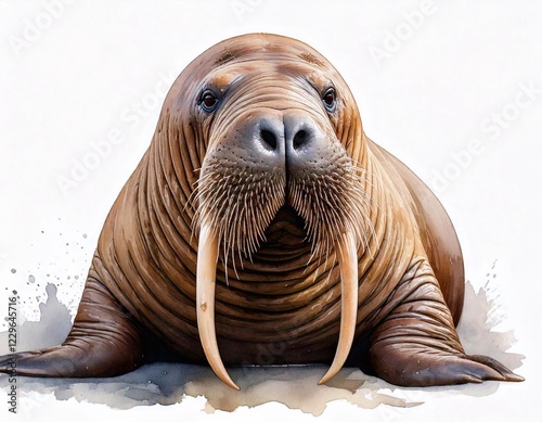 Walrus in watercolor showcasing intricate details and textures against a white background