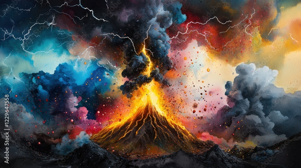 Erupting Volcano with Lightning and Colorful Skies Erupting Volcano with Lightning and Colorful Skies