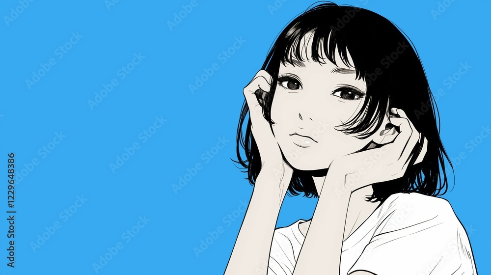 Minimalist Black and White Anime Girl Portrait with a Bold Blue Background Minimalist Black and White Anime Girl Portrait with a Bold Blue Background