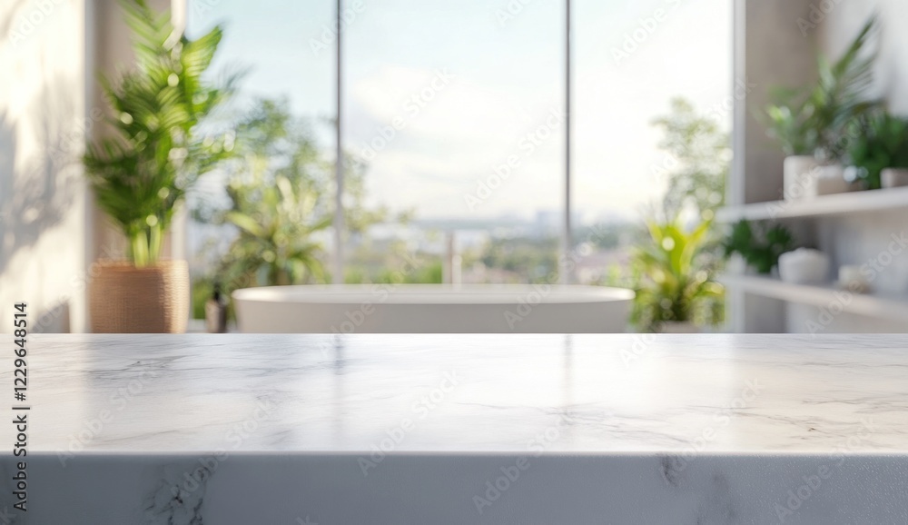 Fototapeta premium Modern Bathroom Marble Countertop with Blurred Background of Plants and Bathtub