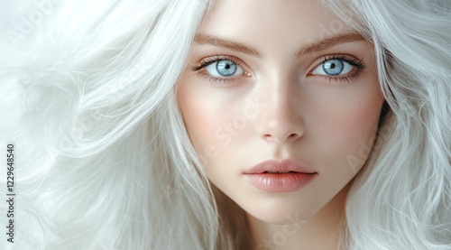 A close-up portrait of a beautiful woman with long white hair and make-up . Haircare, beauty and cosmetics concept.