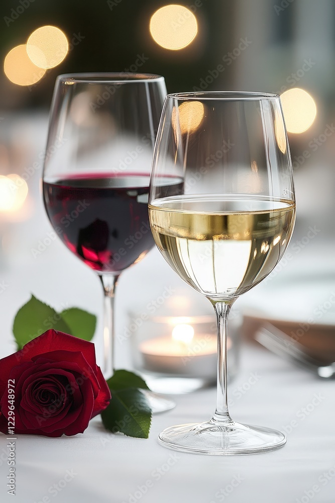 Wine glasses, red and white varieties on a romantic dinner table with a rose and candlelight ambiance, perfect for special occasions and intimate celebrations. Wine glasses, red and white varieties on a romantic dinner table with a rose and candlelight ambiance, perfect for special occasions and intimate celebrations.