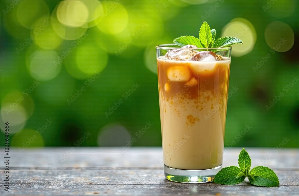 Refreshing iced coffee with mint leaves on a wooden table in a sunny garden Refreshing iced coffee with mint leaves on a wooden table in a sunny garden