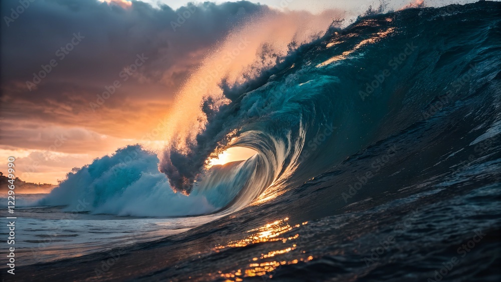 Naklejka premium Golden sun sets over the vast ocean, painting the sky with hues of blue and orange