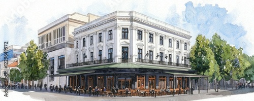 Wallpaper Mural Elegant Watercolor Illustration of a Classic Corner Building with Outdoor Cafe and City Street Scene Torontodigital.ca