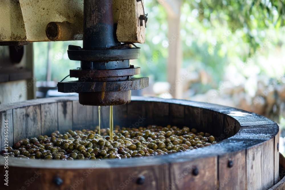 Traditional olive press extracting oil from freshly crushed olives using artisanal methods in a rustic setting Traditional olive press extracting oil from freshly crushed olives using artisanal methods in a rustic setting