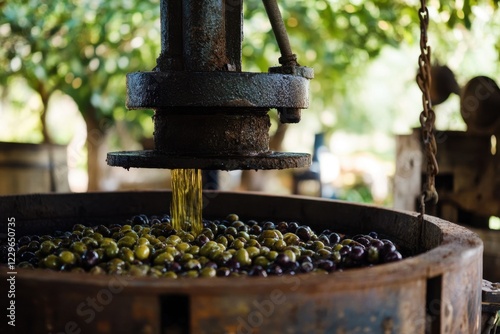 Traditional olive press extracting oil from freshly crushed olives using artisanal methods in a rustic setting