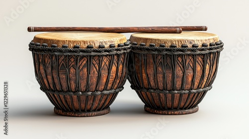 Traditional bongo drums with sticks on neutral background, ready for playing photo