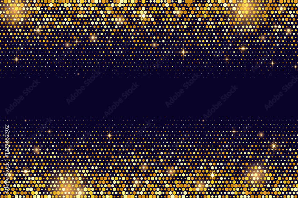 Golden glitter on black background. Pattern with vector dust and confetti. Halftone dotted sparkles and glowing stars. Luxury disco abstract magic border with bright sequins and shimmer.