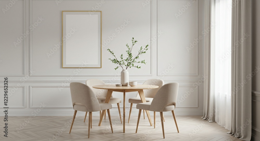 A minimalist dining room with a round wooden table, four upholstered chairs, a vase with greenery, and a neutral color palette. A large framed artwork and soft curtains complete the elegant space. A minimalist dining room with a round wooden table, four upholstered chairs, a vase with greenery, and a neutral color palette. A large framed artwork and soft curtains complete the elegant space.