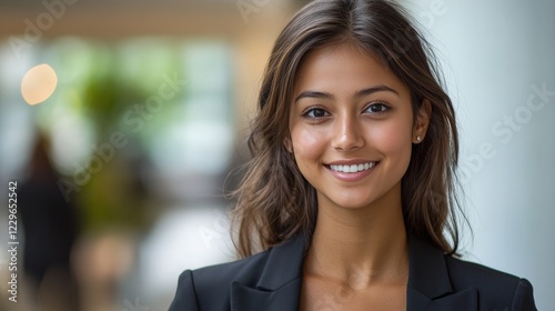 A confident young businesswoman smiling in a modern office, portraying professionalism and warmth. Ideal for business-related content.