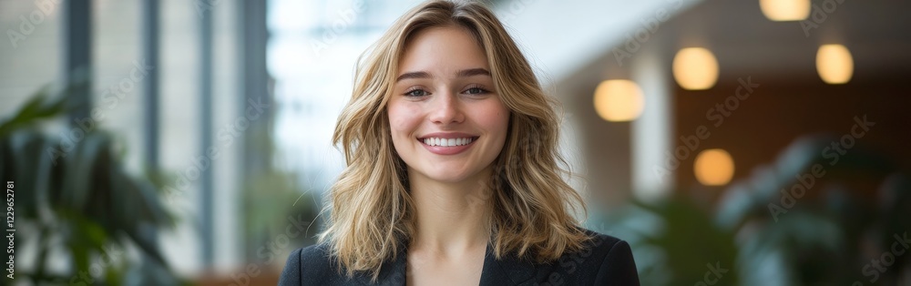 A confident young businesswoman smiling in a modern office, portraying professionalism and warmth. Ideal for business-related content. A confident young businesswoman smiling in a modern office, portraying professionalism and warmth. Ideal for business-related content.