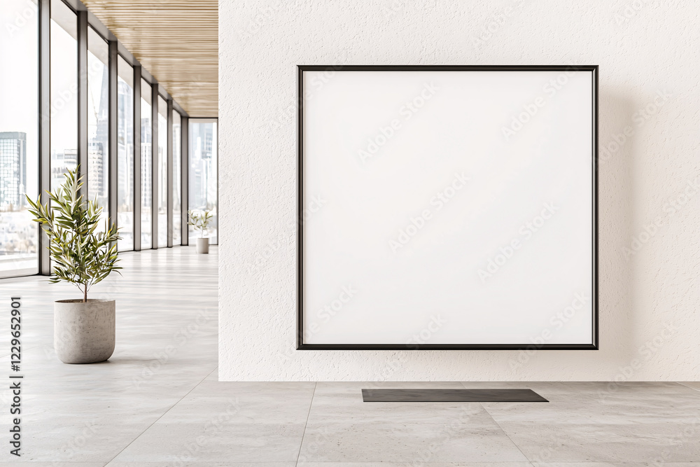 modern interior space featuring blank billboard mockup on white wall, surrounded by large windows and potted plant, creating serene atmosphere modern interior space featuring blank billboard mockup on white wall, surrounded by large windows and potted plant, creating serene atmosphere