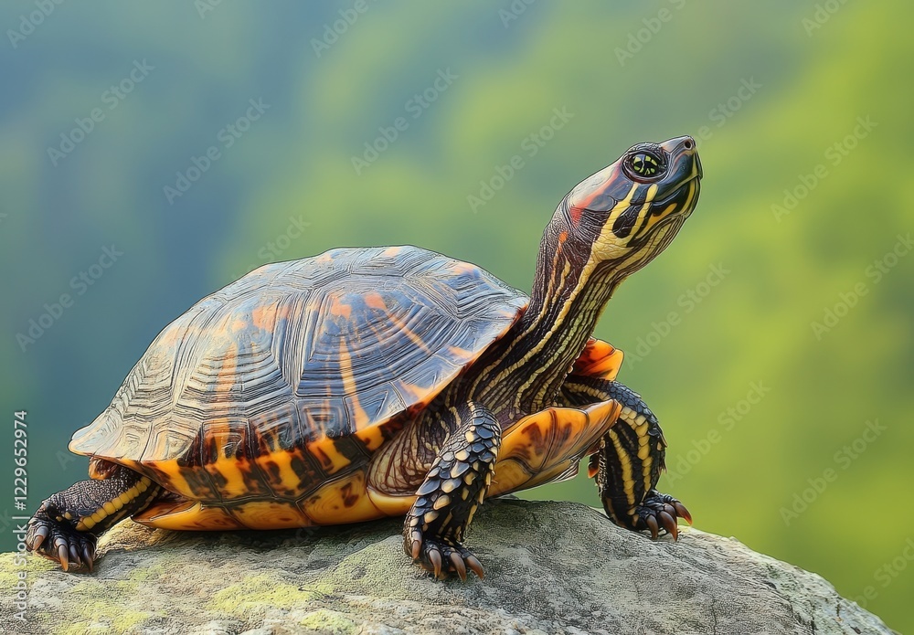 Majestic turtle basking under the sun with vibrant shell patterns against a blurred green natural background in a serene outdoor setting Majestic turtle basking under the sun with vibrant shell patterns against a blurred green natural background in a serene outdoor setting