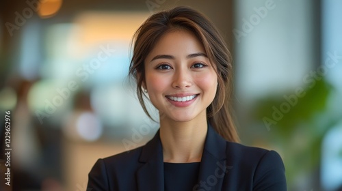 A confident young businesswoman smiling in a modern office  portraying professionalism and warmth. Ideal for business-related content.