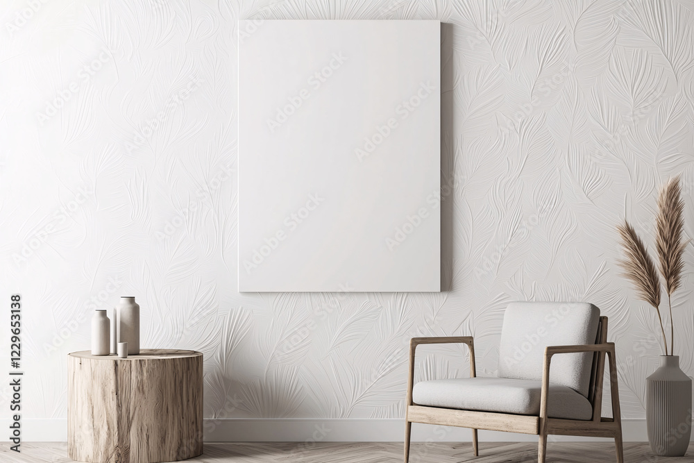 Fototapeta premium minimalist interior featuring blank canvas on textured wall, wooden side table, and stylish chair, creating serene atmosphere