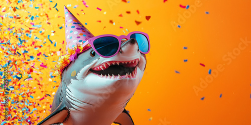 Celebratory shark party underwater coral reef fun animal event vibrant orange background playful perspective unique concept for seo impact photo