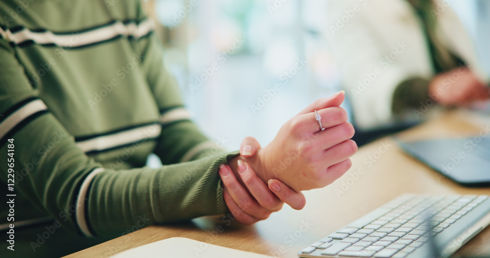 Obraz premium Hands, woman and wrist pain with keyboard in office for arthritis, carpal tunnel syndrome and typing injury. Person, strain for pressure and medical accident, ergonomic workspace and massage muscle