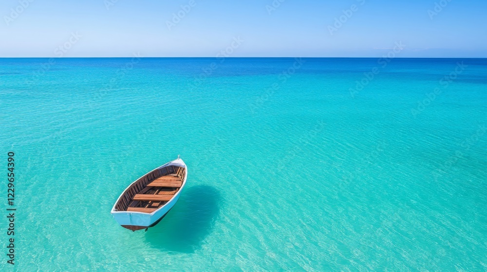 Serene turquoise ocean water with a small wooden boat peacefully floating A tranquil summer seascape Serene turquoise ocean water with a small wooden boat peacefully floating A tranquil summer seascape