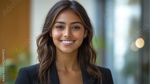 A confident young businesswoman smiling in a modern office, portraying professionalism and warmth. Ideal for business-related content.