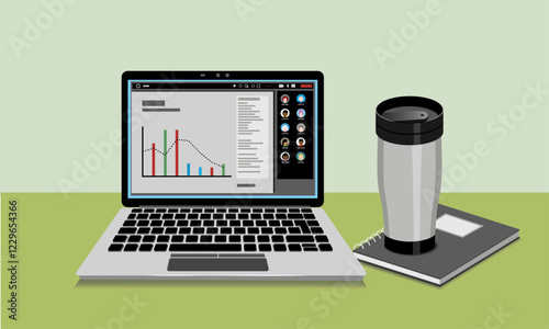 Laptop with a real-time collaboration and video meeting application. Ongoing meeting with presentation and team members.  A notebook and travel mug beside.  Simplified flat style. Vector Illustration