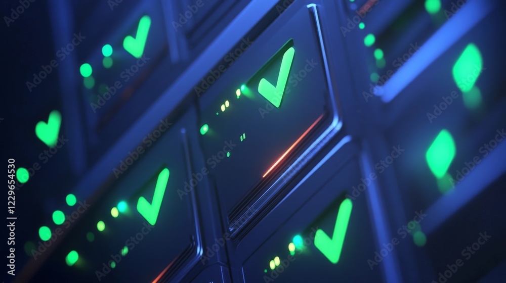 Dynamic display of glowing check marks on digital panels at night in a tech environment Dynamic display of glowing check marks on digital panels at night in a tech environment