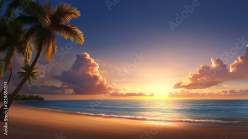 Serene Sunset on Tropical Beach Paradise Palm Trees and Golden Hour Ocean Waves