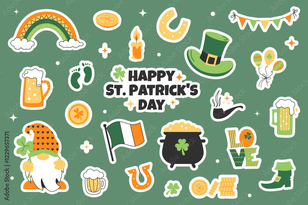 St. Patricks Day stickers. Set of St. Patrick's Day with hand drawn color doodles icons. St. Patricks Day collection with green shamrock leaf, beer, irish flag, leprechaun hat, clover, coins. Vector St. Patricks Day stickers. Set of St. Patrick's Day with hand drawn color doodles icons. St. Patricks Day collection with green shamrock leaf, beer, irish flag, leprechaun hat, clover, coins. Vector