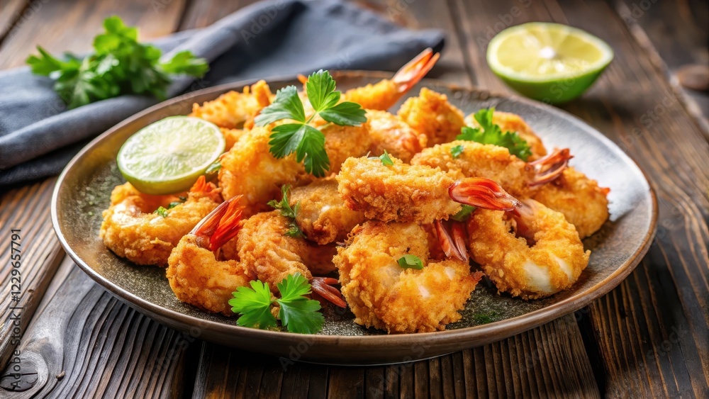 Crispy coconut shrimp prawns served on a plate garnished with fresh herbs and lemon wedges, food, seafood, food Crispy coconut shrimp prawns served on a plate garnished with fresh herbs and lemon wedges, food, seafood, food