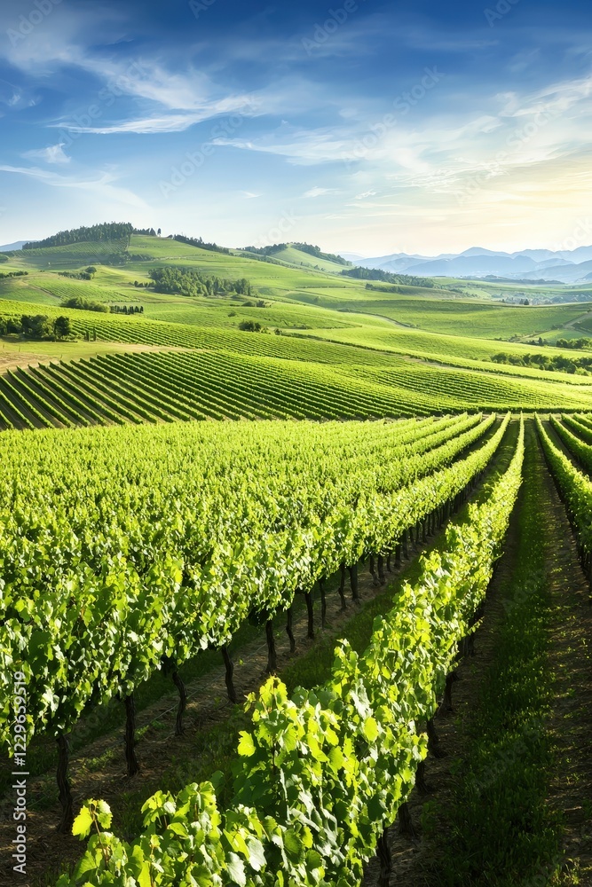 Fototapeta premium Lush Green Vineyard Under a Blue Sky