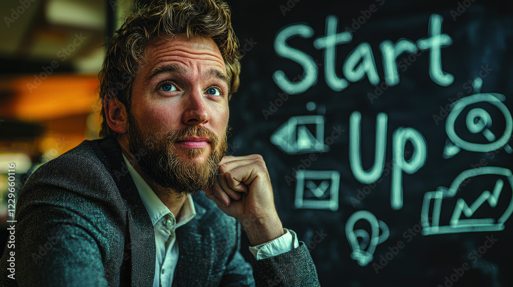 Businessman pondering strategies for startup growth Businessman pondering strategies for startup growth