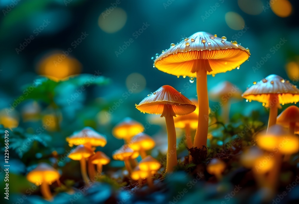 Fototapeta premium Glowing Orange Mushrooms in Enchanted Forest With Magical Lighting and Atmosphere