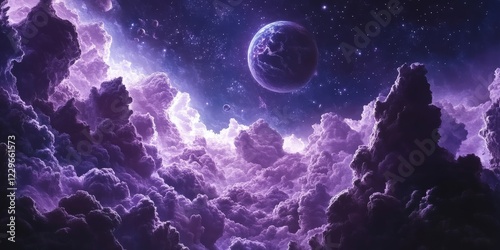 A colorful cosmic illustration featuring planets and stars in a nebula. Perfect for sci-fi or educational themes.