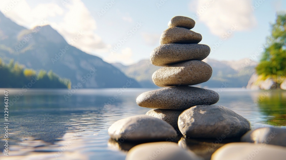 Balanced Grey Stones by Calm Lake with Mountain Background Balanced Grey Stones by Calm Lake with Mountain Background