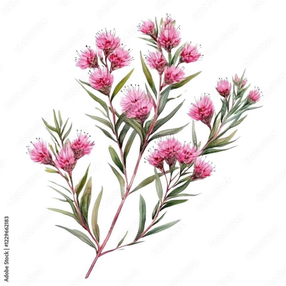 Obraz premium Watercolor painting of pink flowering plant with green leaves on a transparent background, botanical illustration of a delicate floral branch Concept of nature, spring, and floral design