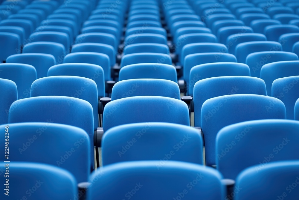Rows of empty blue chairs in large auditorium awaiting audience Rows of empty blue chairs in large auditorium awaiting audience