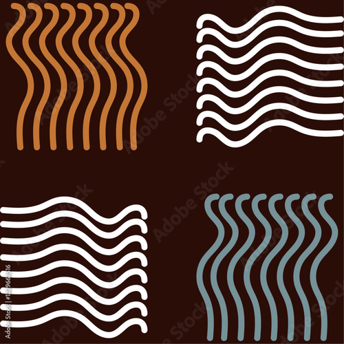 A seamless pattern consists of alternating squares with wavy line textures in different earthy tones. The contrast between white, orange, and blue elements