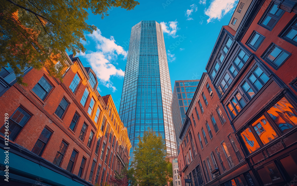 Fototapeta premium Low-angle photograph of city buildings in downtown Boston, seen from street level.