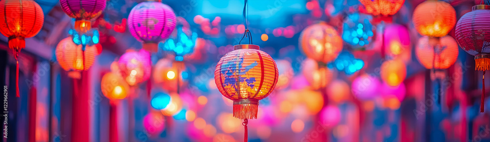 Obraz premium Illuminated Asian Lanterns in a Festive Street Scene