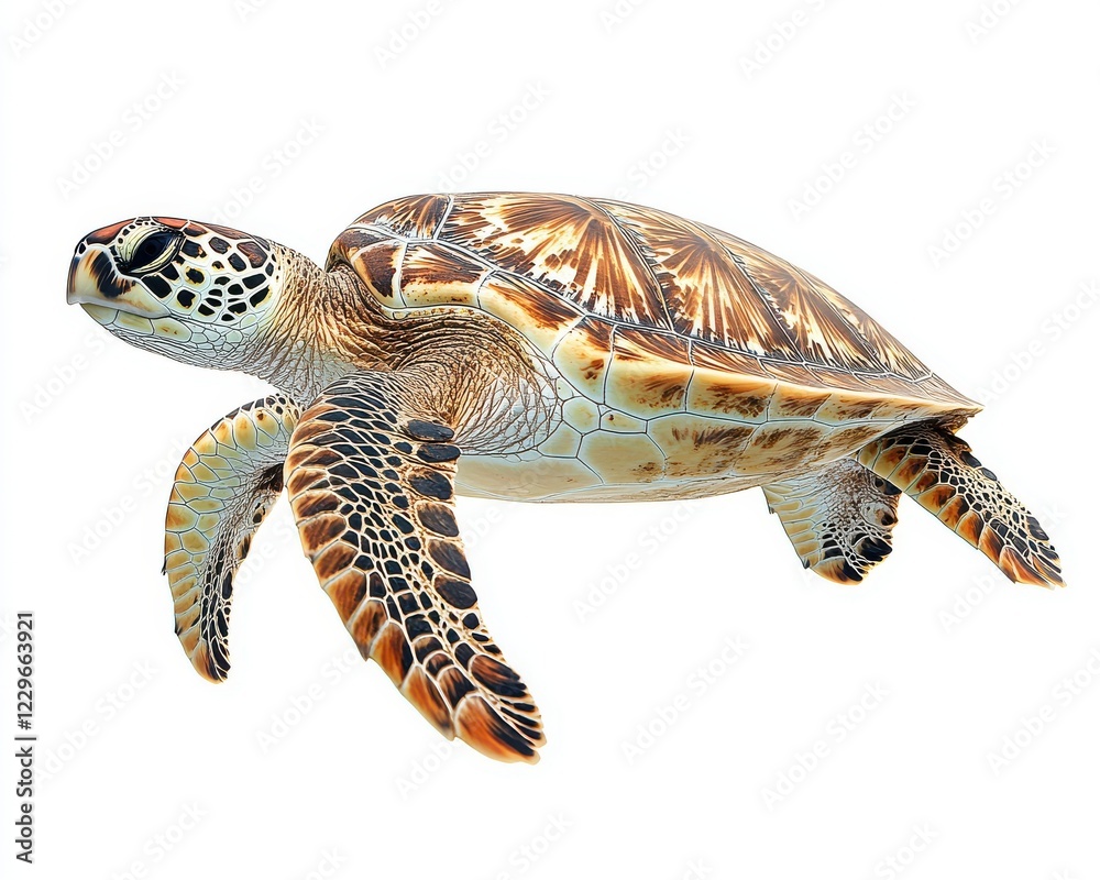 Obraz premium Realistic and Detailed Illustration of a Marine Turtle Swimming Gracefully in Clear Waters Against a White Background