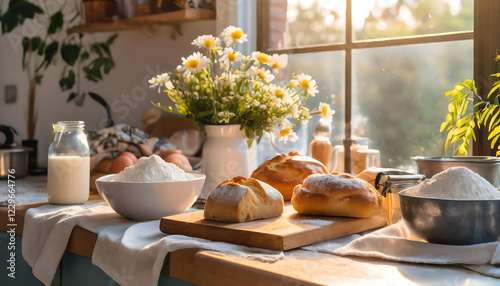 Wallpaper Mural Breads and pastries, eggs, flour, and other baking ingredients in bowls, cutting board  Torontodigital.ca
