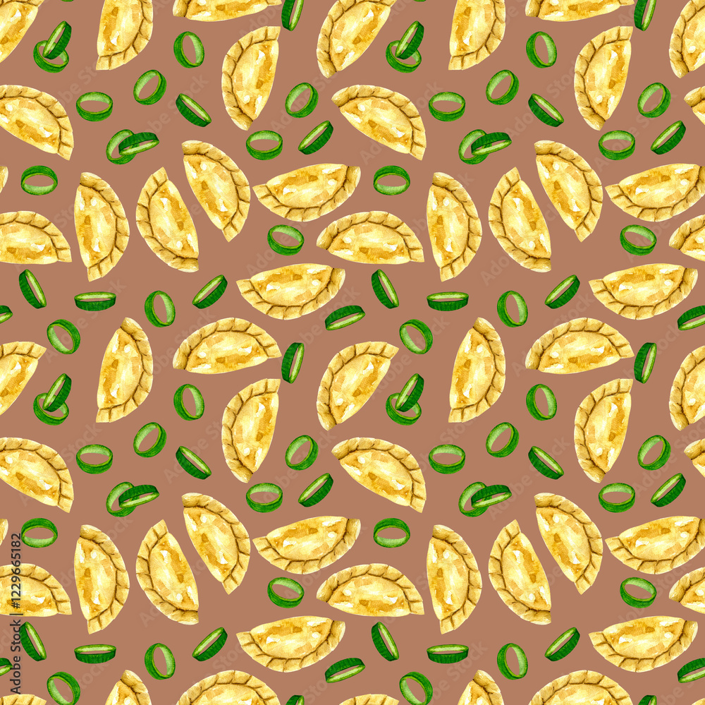 Watercolor dumplings seamless pattern. Food repetitive background. Asian food print with dumplings and spring onion. Perfect for wallpaper, fabric, wrapping, packaging, stationery, art and crafts.