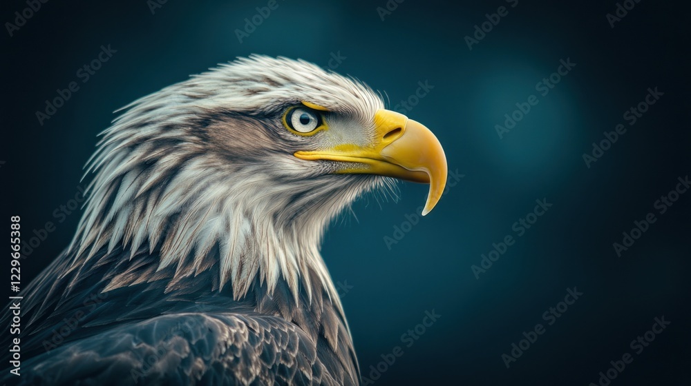 Majestic bald eagle head and shoulders profile against a dark blue background. Majestic bald eagle head and shoulders profile against a dark blue background.