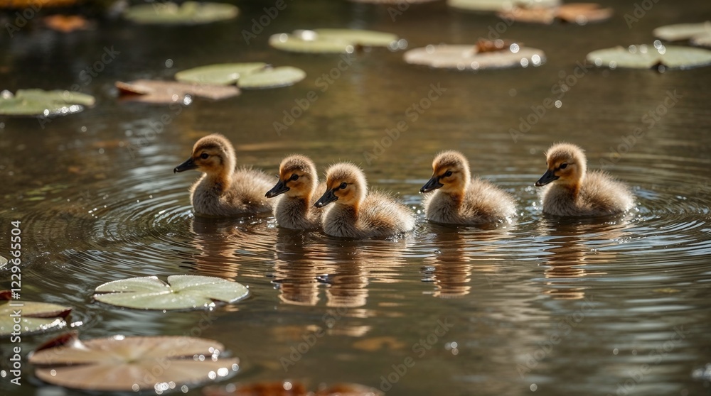 Group of ducklings swimming on a calm pond surrounded by lily pads under natural light. Group of ducklings swimming on a calm pond surrounded by lily pads under natural light.