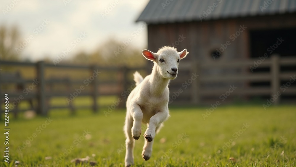 Obraz premium Adorable baby goat jumping in a green field near a wooden fence on a sunny day at a rural farm. 