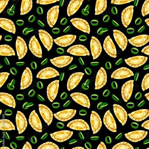 Watercolor dumplings seamless pattern. Food repetitive background. Asian food print with dumplings and spring onion. Perfect for wallpaper, fabric, wrapping, packaging, stationery, art and crafts.