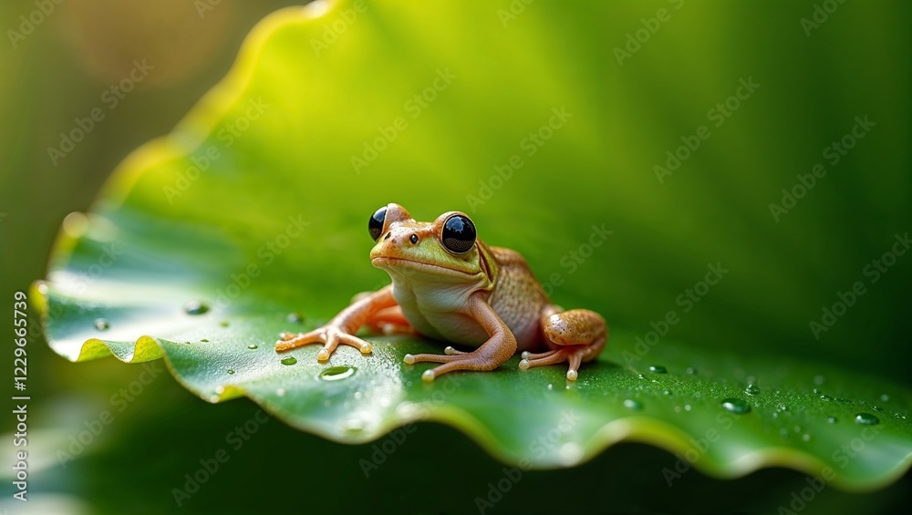 Naklejka premium Vibrant green frog perched on a wet leaf with raindrops under natural light in a rainforest.