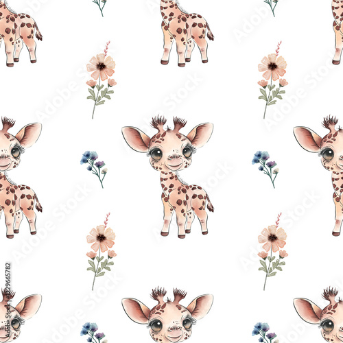 Wallpaper Mural Cute Cartoon Baby Giraffes and Flowers Pattern Torontodigital.ca
